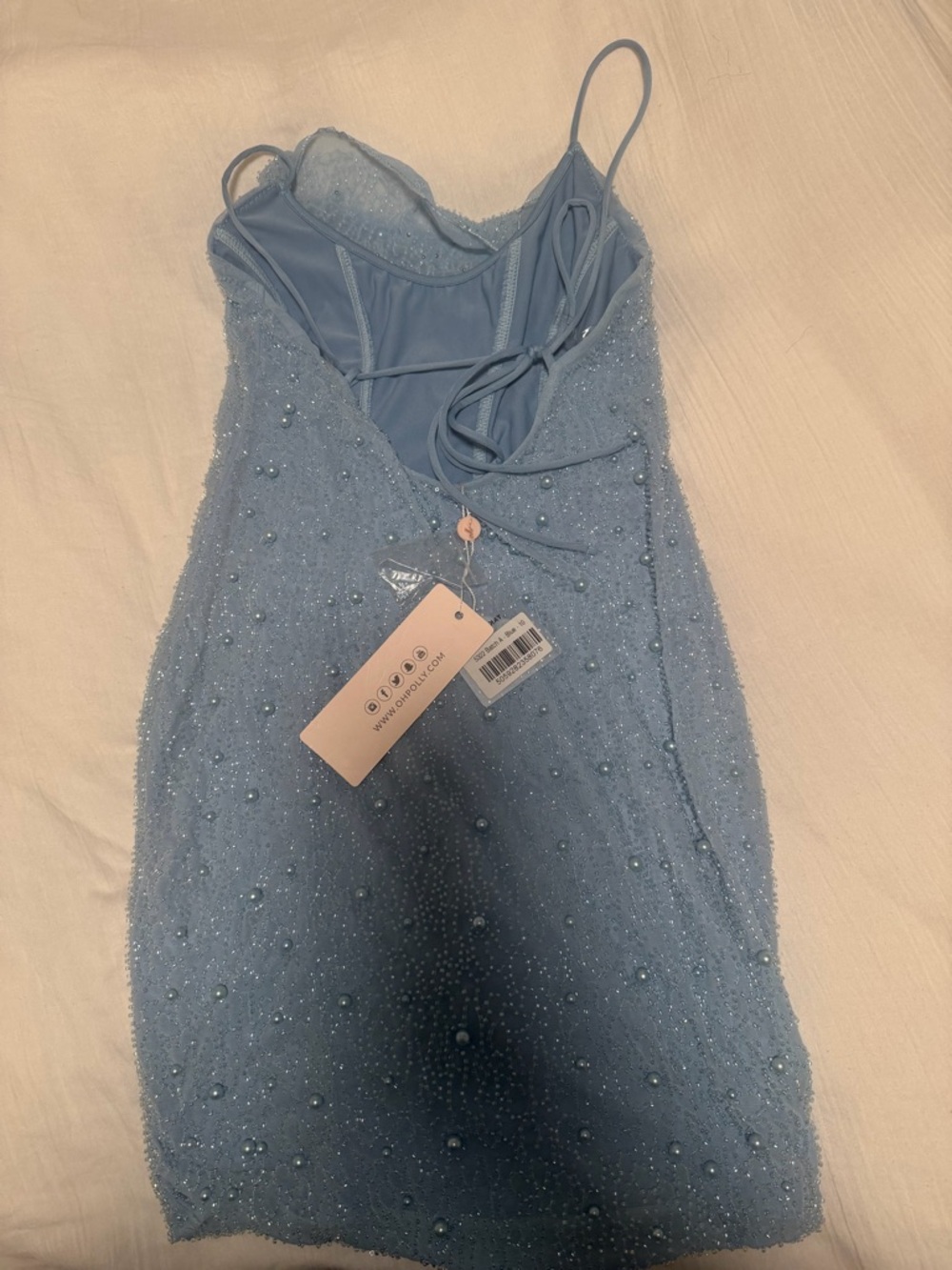 Oh Polly Powder Blue Beaded Cowl Neck Mini Dress - Picture 5 of 5